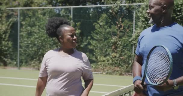 Ευτυχισμένο Ζευγάρι Αφροαμερικανών Που Περπατάνε Ρακέτες Και Μιλάνε Στο Γήπεδο — Αρχείο Βίντεο