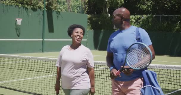 테니스 라켓을 다니고 테니스 코트에서 얘기하는 아프리카계 커플을 합니다 활동적 — 비디오