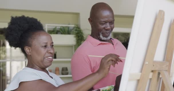 Happy Senior African American Couple Painting Slow Motion Spending Quality — Stock Video