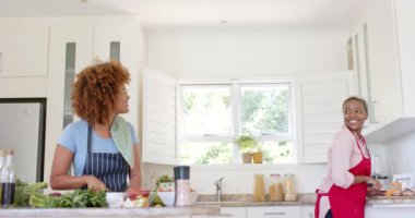 Önlük giyip mutfakta ağır çekimde yemek pişiren mutlu lezbiyen çift. Kaliteli zaman geçirmek, yemek ve aşk.