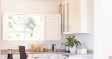 Mutfak manzarası. Mutfakta dizüstü bilgisayar var. Ev hayatı, iç mekan ve iletişim.