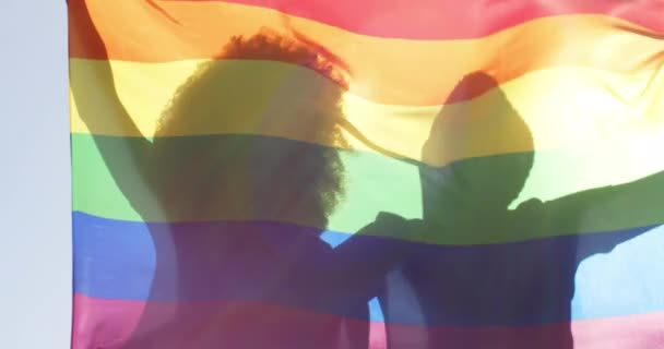 Silhuetter Kvinnliga Lesbiska Par Som Håller Regnbåge Flagga Stolthet Slow — Stockvideo