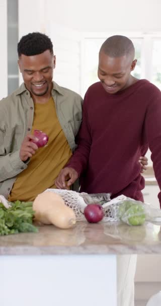 Vídeo Vertical Una Pareja Gay Afroamericana Desempacando Comestibles Cocina Cámara — Vídeo de stock
