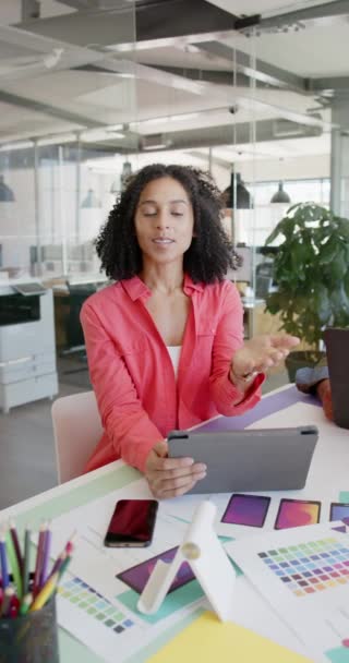Vertical Video Portrait Happy Biracial Businesswoman Tablet Having Video Call — Stock Video