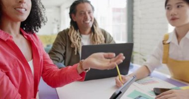 Ofisteki tasarım toplantısında projeyi tartışan ve dizüstü bilgisayarı kullanan çeşitli tasarımcılarla, yavaş çekim. Günlük ofis, iş, takım çalışması ve yaratıcı çalışma.