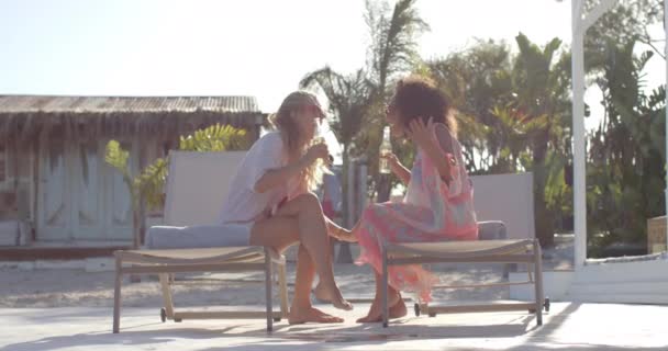 快乐多样的女性朋友在海滨别墅喝啤酒和戴太阳镜聊天 闲暇时间 夏天和友谊 — 图库视频影像