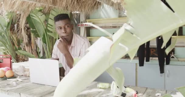 Χαρούμενος Αφροαμερικάνος Που Χρησιμοποιεί Λάπτοπ Πίσω Από Τον Πάγκο Της — Αρχείο Βίντεο