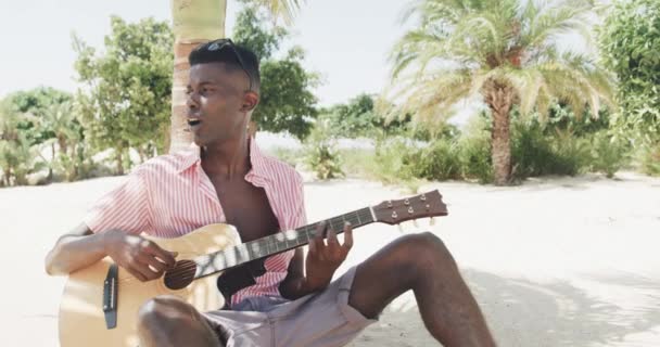 非裔美国人坐在一棵树下 弹吉他 在阳光灿烂的海滩上歌唱 动作缓慢 业余爱好 放松和假期 — 图库视频影像