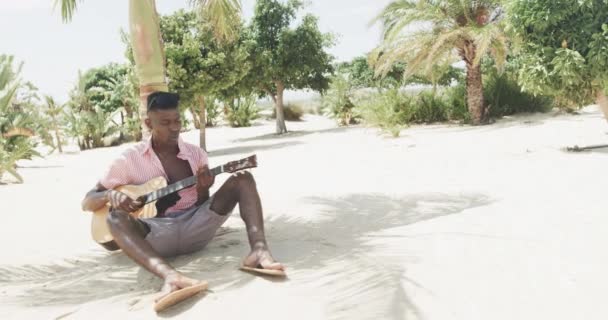 Szczęśliwy Afrykański Amerykanin Siedzący Pod Drzewem Grający Gitarze Słonecznej Plaży — Wideo stockowe