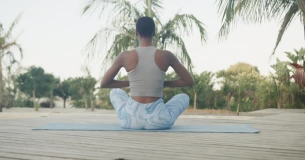 Задний Вид Женщины Практикующей Йогу Сидящей Причале Пальм Замедленное Движение — стоковое видео