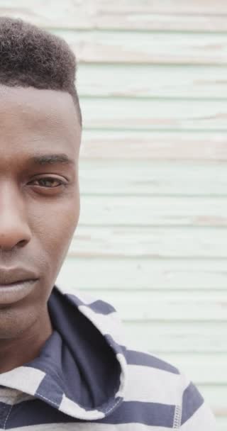 Portrait Vidéo Vertical Homme Afro Américain Souriant Soleil Avec Espace — Video