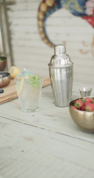 Vertical Video Tablet Cocktail Shaker Drinks Ingredients Bar Beach Bar — Stock Video