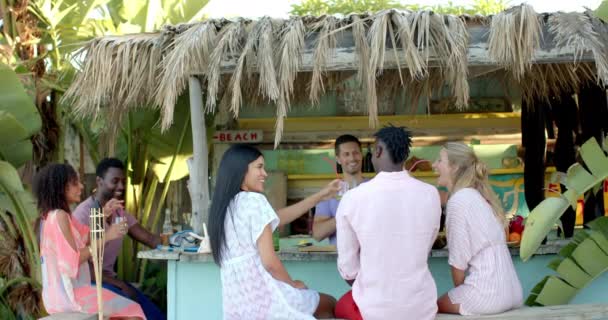Glad Mångsidig Grupp Vänner Pratar Och Dricker Cocktails Strandbaren Semester — Stockvideo