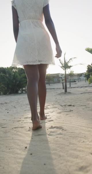 Video Verticale Donna Afroamericana Prendisole Che Cammina Piedi Nudi Sulla — Video Stock