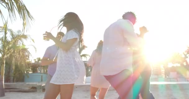 ビーチでカクテルを持って踊る友達の幸せな多様なグループ 自由時間 夏と友情 — ストック動画