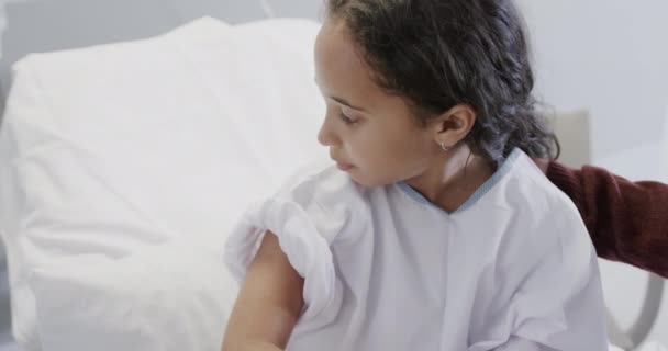 Doctor Vaccinating Biracial Sick Girl Patient Mother Hospital Slow Motion — Stock Video