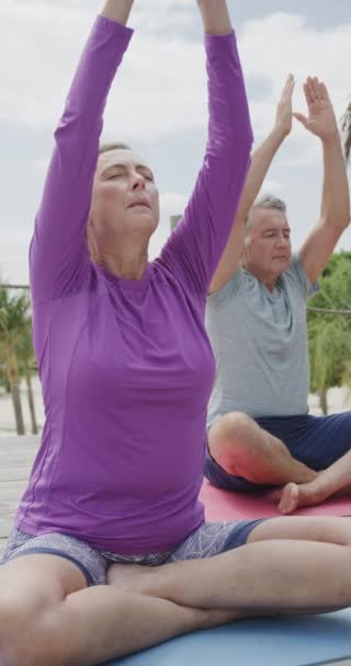 Vertikales Video Von Glücklichen Senioren Die Strand Yoga Praktizieren Ruhestand — Stockvideo