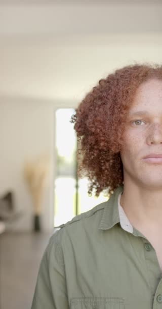 Vertical Video Portrait Happy Biracial Man Curly Red Hair Smiling — Stock Video
