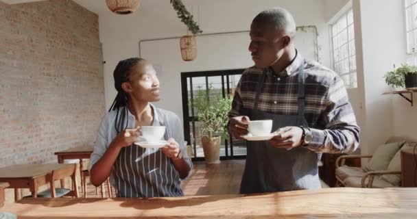 Baristas Afro Americanos Homens Mulheres Beber Café Falar Café Câmara — Vídeo de Stock