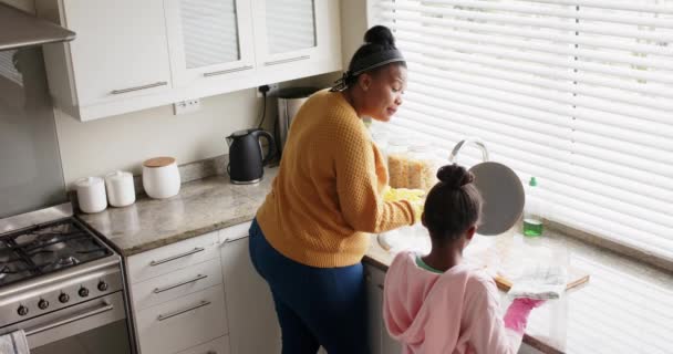 幸せなアフリカ系アメリカ人の母親と娘の台所で皿を洗う スローモーション ライフスタイル 家族と国内生活 — ストック動画