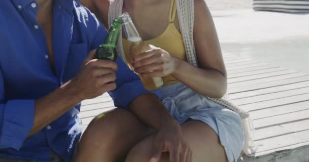 Feliz Casal Diversificado Sorrindo Bebendo Brinde Com Cervejas Deck Sol — Vídeo de Stock