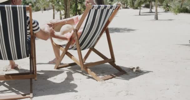 해변에서 일광욕을 즐기는 노인들의 천천히 의자에 즐거운 일이다 낭만적 휴가와 — 비디오