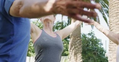 Sunny Garden 'da kadın koçla birlikte, yavaş çekimde, değişmeden, pilates sınıfında mutlu son sınıflar. Egzersiz, emeklilik ve sağlıklı bir yaşam tarzı..