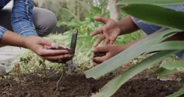 Afrika kökenli Amerikalı anne ve kızının bahçede yere dokunması, ağır çekim. Yaşam tarzı, hobiler, aile ve aile hayatı.