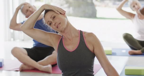 Diversos Seniors Enfocados Ejercitándose Clase Pilates Con Entrenadora Femenina Inalterada — Vídeos de Stock