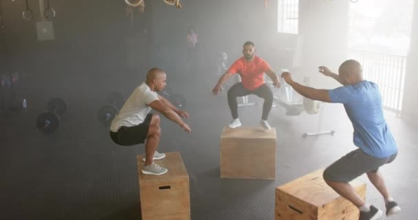ボックスに飛び乗る多様な男性グループフィットネスクラス ジムでのクロストレーニング スローモーション 健康的なライフスタイル クロストレーニング フィットネス モチベーション 強さと運動 — ストック動画