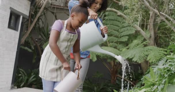 Счастливая Многодетная Мать Дочкой Поливают Растения Саду Замедленном Режиме Природа — стоковое видео