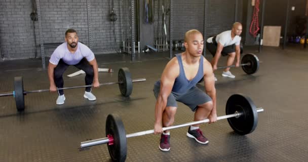 不同的男组举重杠铃 在健身房免费进行举重训练 动作缓慢 健康的生活方式 举重训练 力量和锻炼 — 图库视频影像