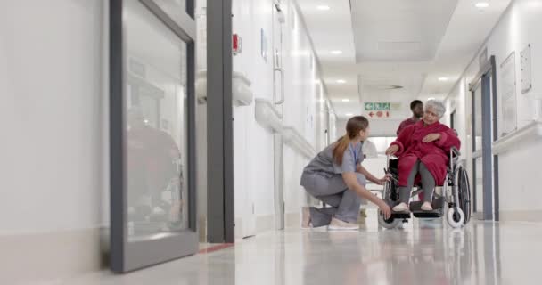 Серйозна Різноманітна Медсестра Йде Пацієнтом Старшого Віку Інвалідному Візку Повільному — стокове відео