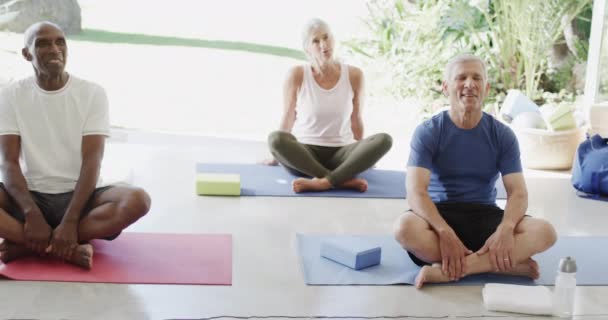 Glückliche Senioren Sitzen Auf Matten Beim Pilates Kurs Sonnigen Raum — Stockvideo