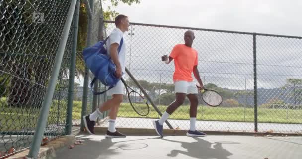 Vista Trasera Diversos Jugadores Tenis Masculinos Caminando Hablando Cancha Aire — Vídeos de Stock