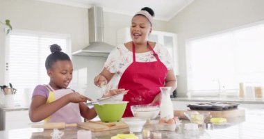 Değiştirilmemiş Afro-Amerikan anne ve kızı mutfakta yavaş çekimde yemek pişiriyor. Aşçılık, yaşam tarzı, aile, birliktelik ve aile hayatı..
