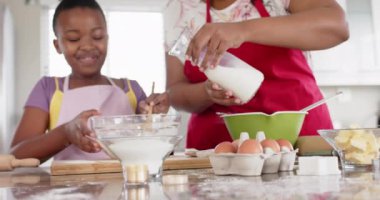 Değiştirilmemiş Afro-Amerikan anne ve kızı mutfakta yavaş çekimde yemek pişiriyor. Aşçılık, yaşam tarzı, aile, birliktelik ve aile hayatı..