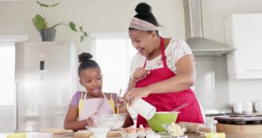 Değiştirilmemiş Afro-Amerikan anne ve kızı mutfakta yavaş çekimde yemek pişiriyor. Aşçılık, yaşam tarzı, aile, birliktelik ve aile hayatı..