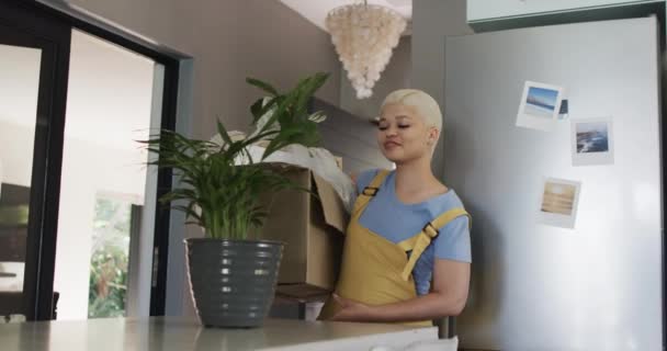 Mujer Birracial Feliz Caminando Con Cartón Con Planta Casa Cámara — Vídeos de Stock