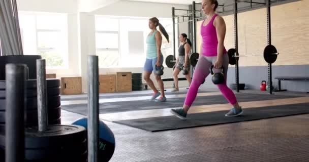 Fokuseret Uændrede Forskellige Kvinder Gruppe Træning Gym Sammen Med Kettlebells – Stock-video