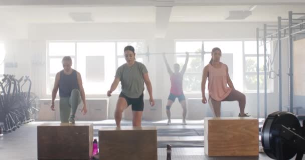 Beslutsam Oförändrade Olika Kvinnor Hoppar Lådor Träning Fitness Klass Gym — Stockvideo