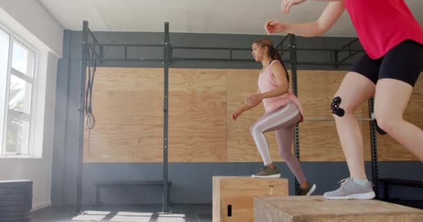 様々な女性がボックスに飛び乗り ジムのフィットネスクラスでトレーニングし スローモーション 健康的なライフスタイル クロストレーニング モチベーション フィットネス — ストック動画