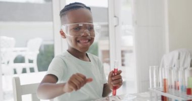 Afrika kökenli Amerikalı çocuğun portresi masada oturmuş elinde sıvı tüpler tutuyordu, ağır çekimde. Yaşam tarzı, çocukluk, bilim, eğitim ve ev hayatı.