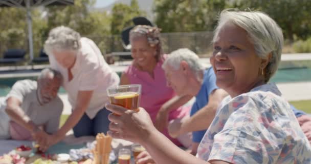 Uśmiechnięta Seniorka Przyjaciele Urządzający Piknik Słonecznym Ogrodzie Bez Zmian Zwolnionym — Wideo stockowe