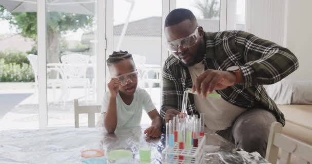 非裔美国人的父亲和儿子坐在桌旁 手里拿着装有液体的试管 动作缓慢 生活方式 教育和家庭生活 — 图库视频影像