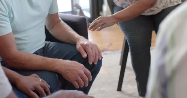Δυσάρεστη Ποικιλία Ηλικιωμένων Κρατώντας Χέρια Μιλώντας Ομαδική Θεραπεία Αναλλοίωτη Αργή — Αρχείο Βίντεο
