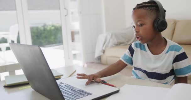 African American Boy Using Laptop Online Lesson Slow Motion Lifestyle — Stock Video