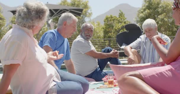 Szczęśliwi Zróżnicowani Starsi Przyjaciele Mający Piknik Rozmawiający Słonecznym Ogrodzie Niezmieniony — Wideo stockowe