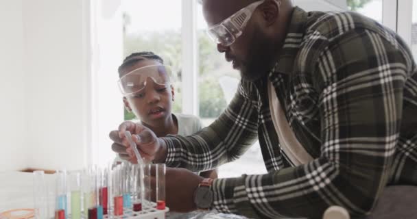 아프리카 미국인 아버지와 아들은 테이블에 앉아서 액체와 동작으로 시험관을 있었습니다 — 비디오