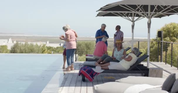 Diversos Amigos Seniores Felizes Conversando Relaxando Beira Piscina Jardim Ensolarado — Vídeo de Stock